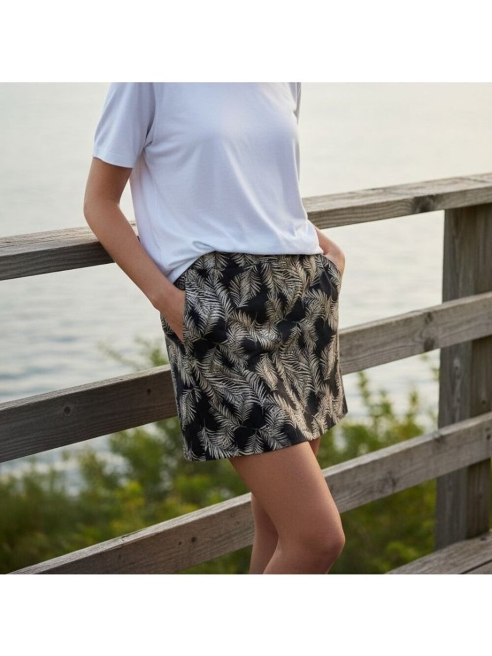 Ellen Tracy S Skort Linen Blend Skirt Shorts Tropical Palm Elastic Waist Pull-on
